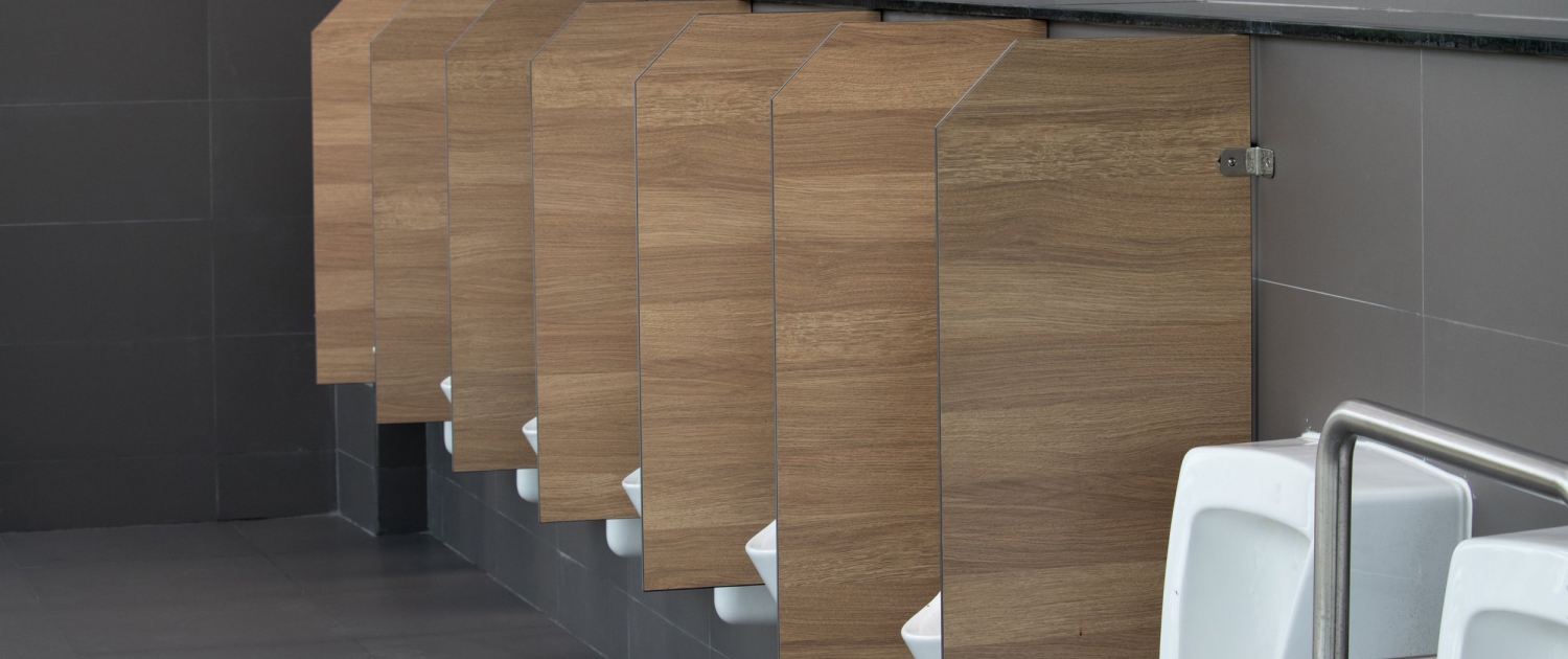 Urinals,And,Wooden,Partitions,In,Public,Toilet.